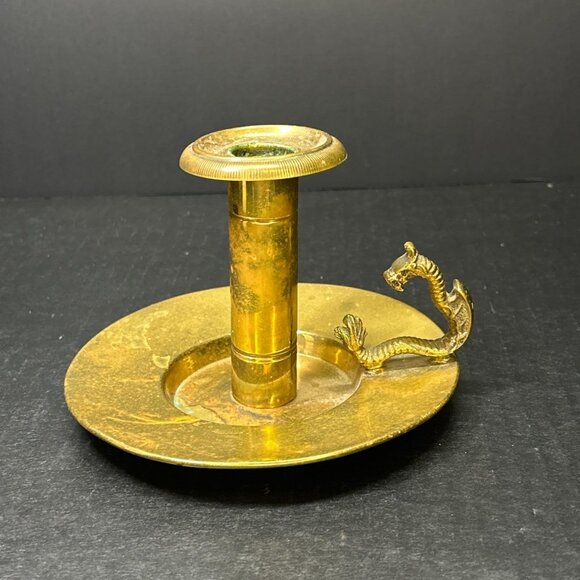 Vtg Brass Chamber Stick Candle Holder With Dragon Handle Late 19th Century Style